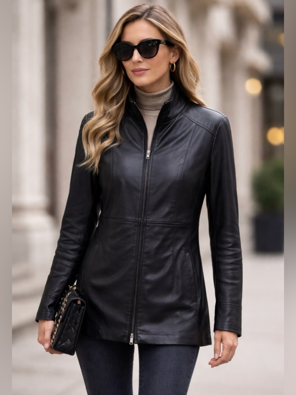 Danier Black Leather Stand-Collar Zip Jacket